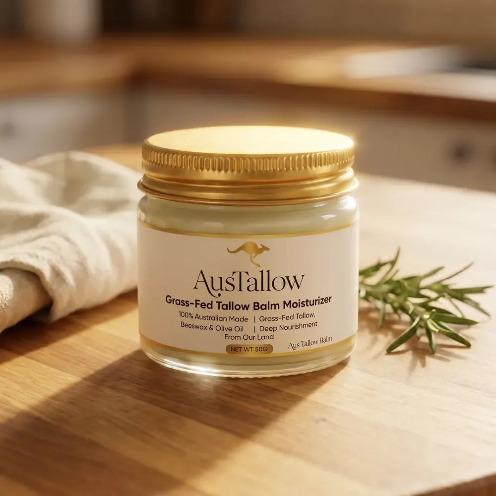 AusTallow Tallow Balm jar on a timber chopping board with a linen tea towel and a sprig of rosemary