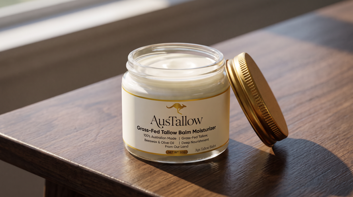 Open jar of AusTallow Tallow Balm on dark timber with the gold lid beside it, showing the creamy white balm