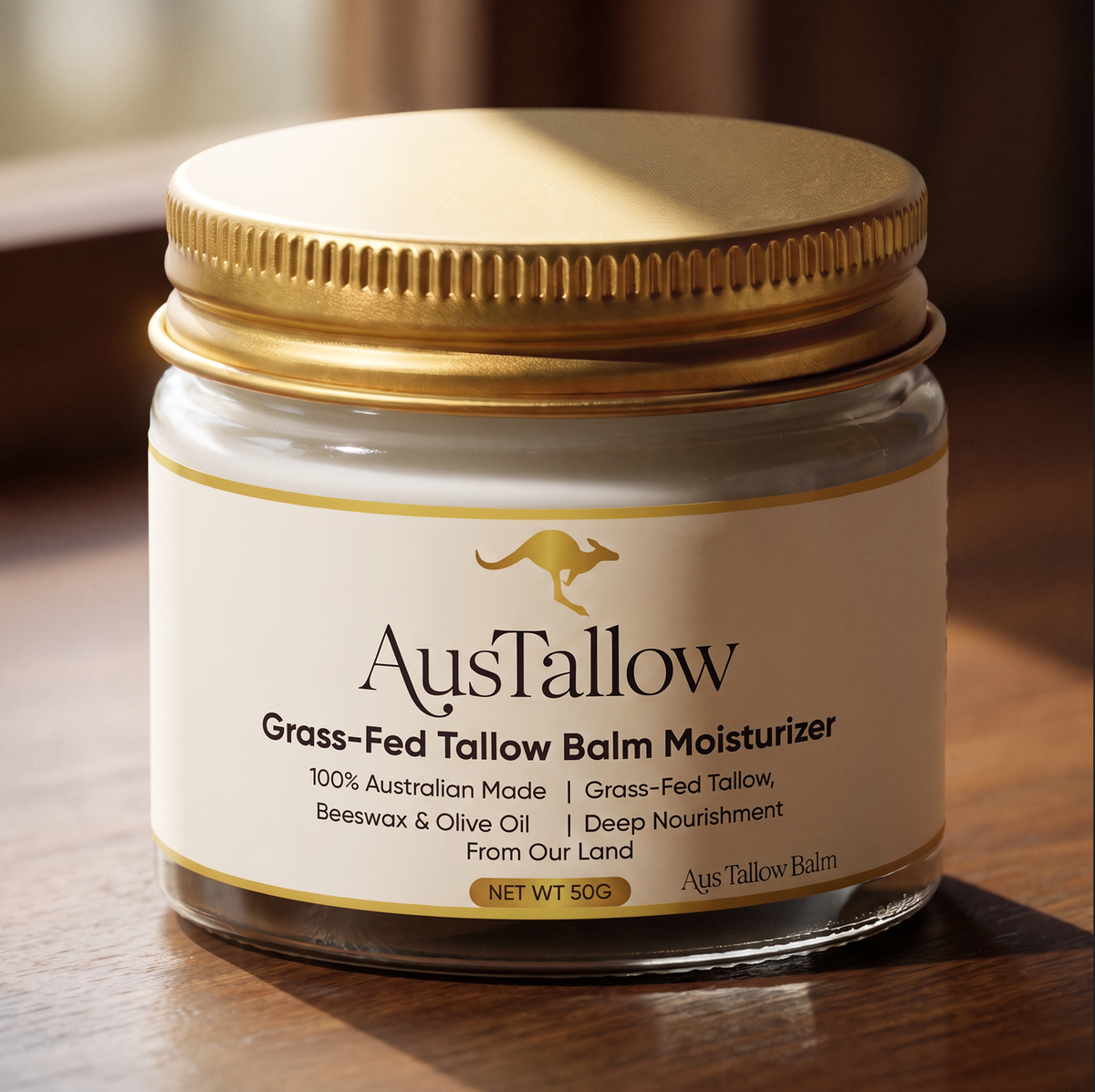 Close-up of the AusTallow Grass-Fed Tallow Balm Moisturiser label on a timber surface